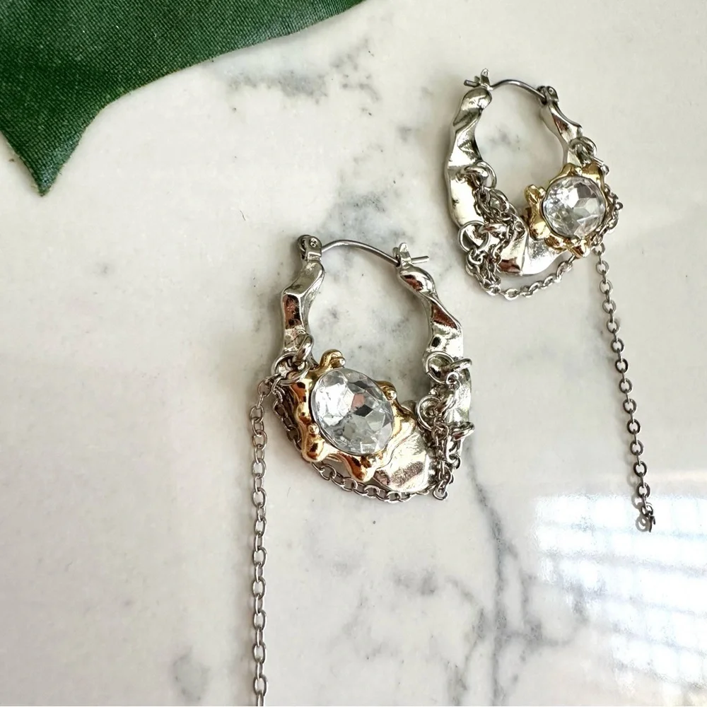 Silver & Gold Hoop Earrings Rhinestone Chain Wrapped Tassel Jewelry Gift NEW